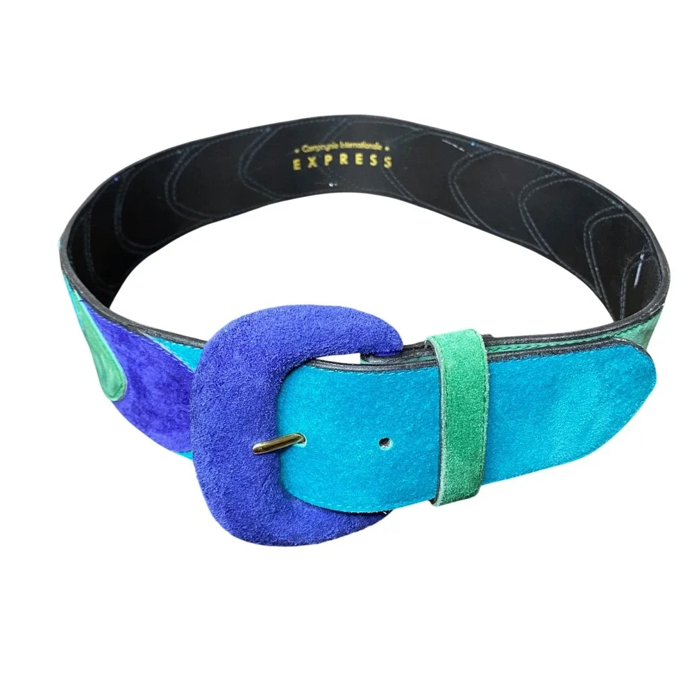 Compagnie Internationale Express Vintage Suede Patchwork Belt Blue Green Medium